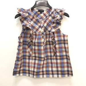 JCrew flutter sleeve plaid blouse